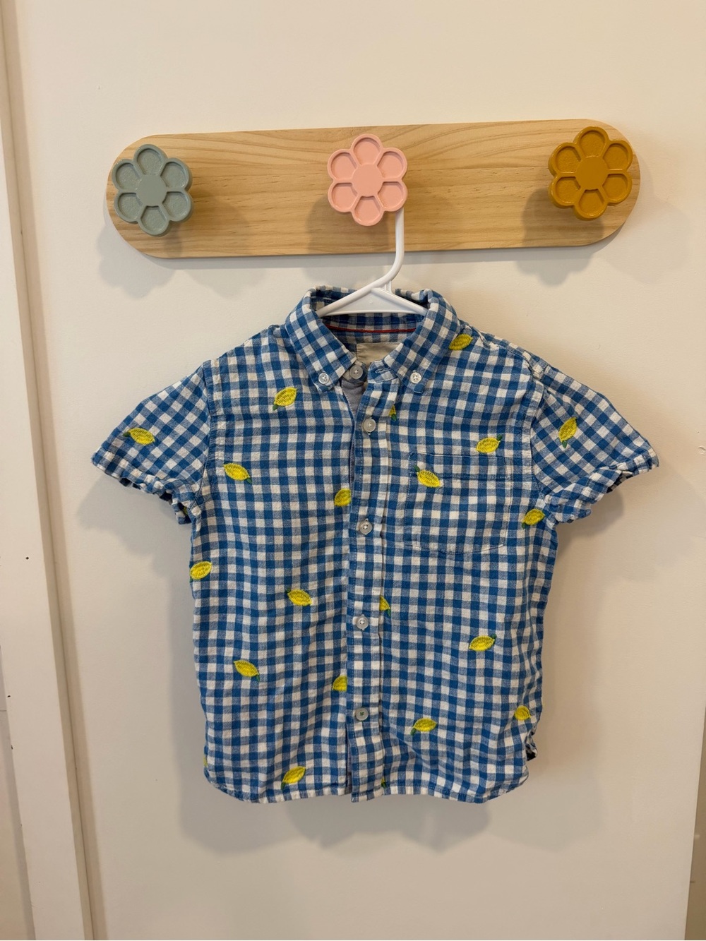 Mini Boden Blue Gingham Short Sleeve Button-Down with Lemons
